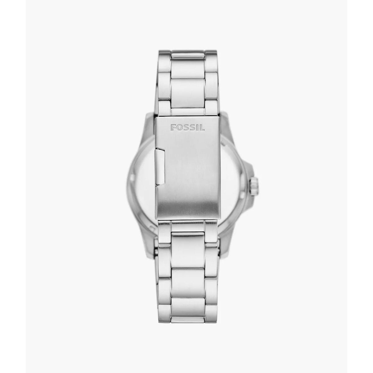 Back view of the Fossil Blue Dive FS6029 timepiece displaying the stainless steel link bracelet, folding clasp, and signature brand logo