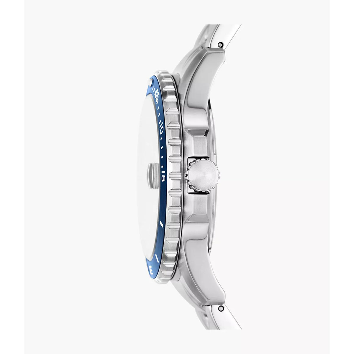 Side profile of the Fossil Blue Dive FS6029 watch highlighting the coin-edge blue bezel, stainless steel case structure, and textured crown