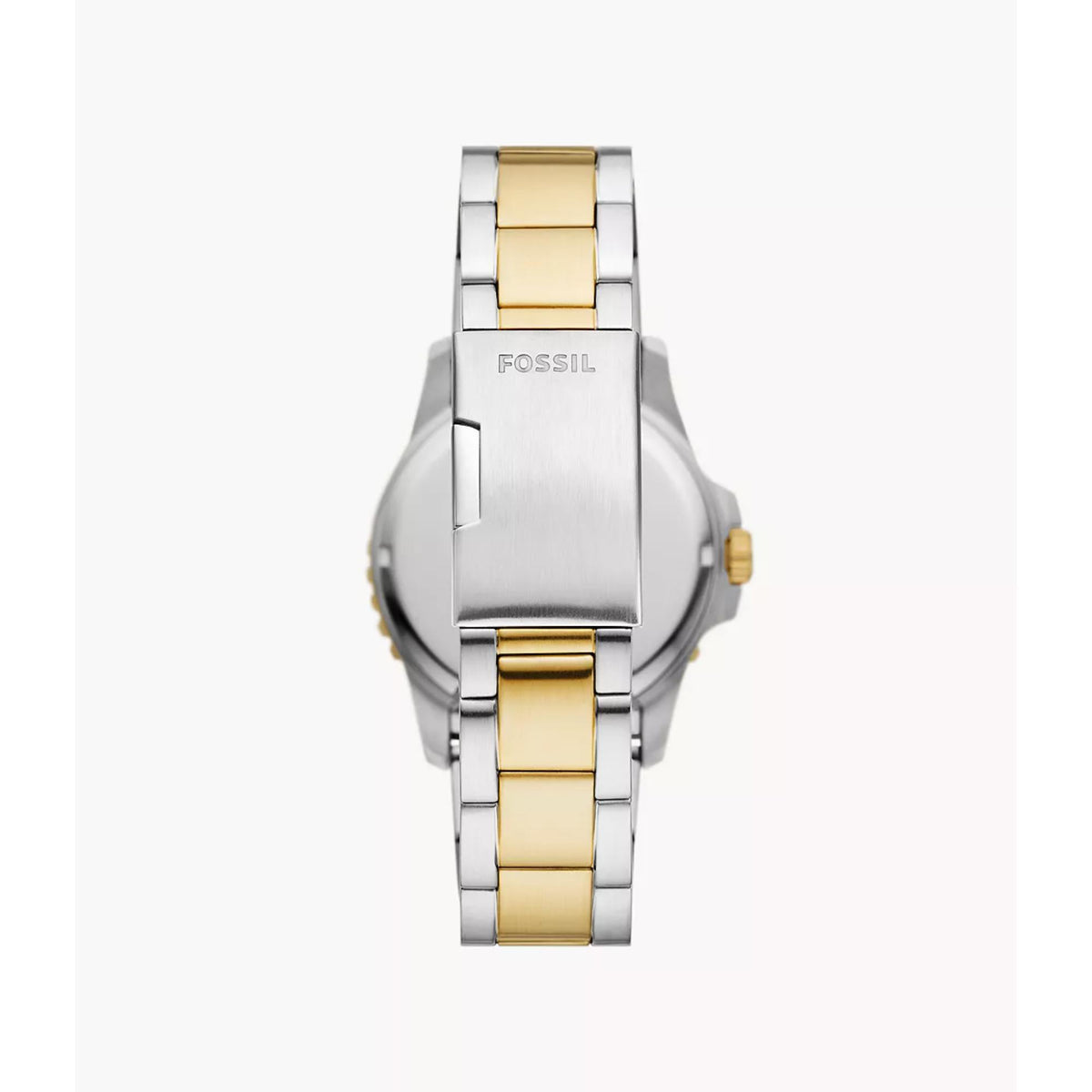 Back view of the Fossil Blue Dive FS6031 timepiece displaying the two-tone link bracelet, folding clasp, and signature brand engraving