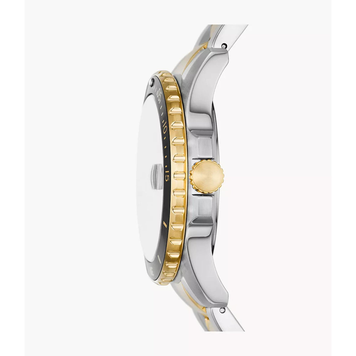 Side profile of the Fossil Blue Dive FS6031 watch highlighting the gold-tone coin-edge bezel, steel case structure, and gold crown