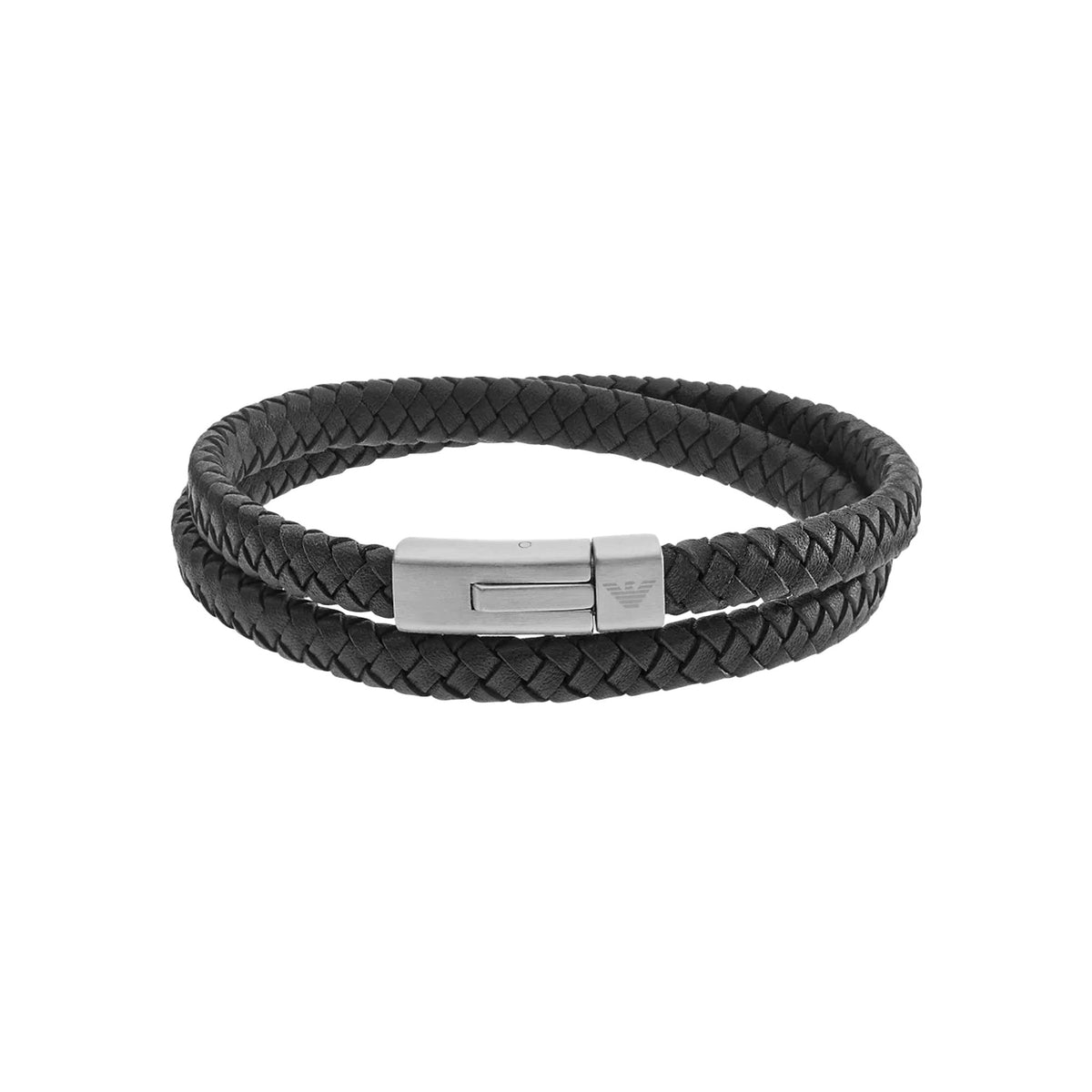 Black textured leather men's bracelet with braided weave and steel clasp detail