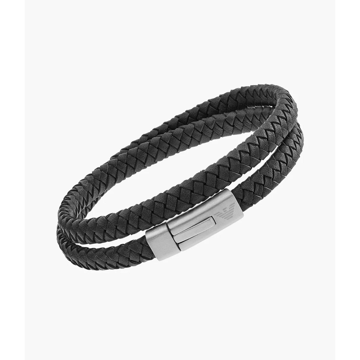 Braided black leather men's bracelet with elongated steel clasp centerpiece
