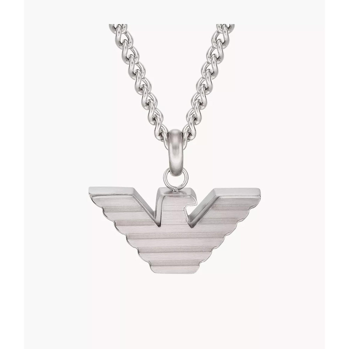 Polished stainless steel pendant necklace featuring a V-shaped eagle wing design