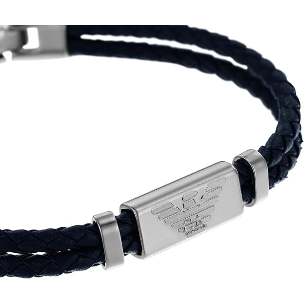 Close-up view of Emporio Armani mens bracelet EGS2995040 showing engraved eagle logo plate on braided leather strands
