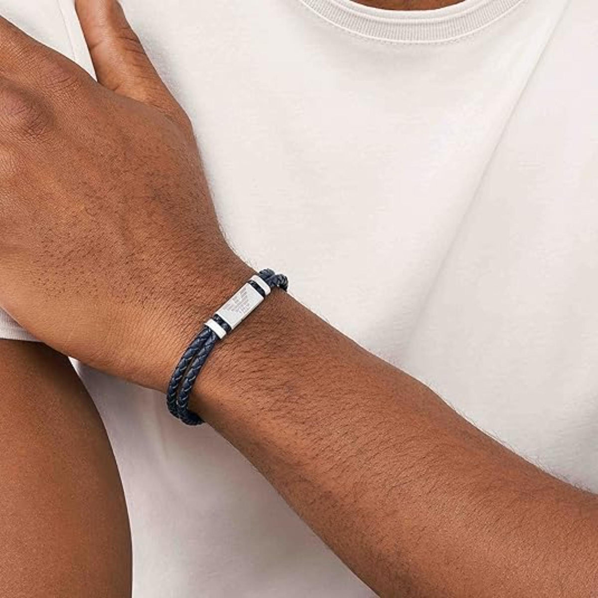 Model wearing Emporio Armani mens double strand blue leather bracelet EGS2995040