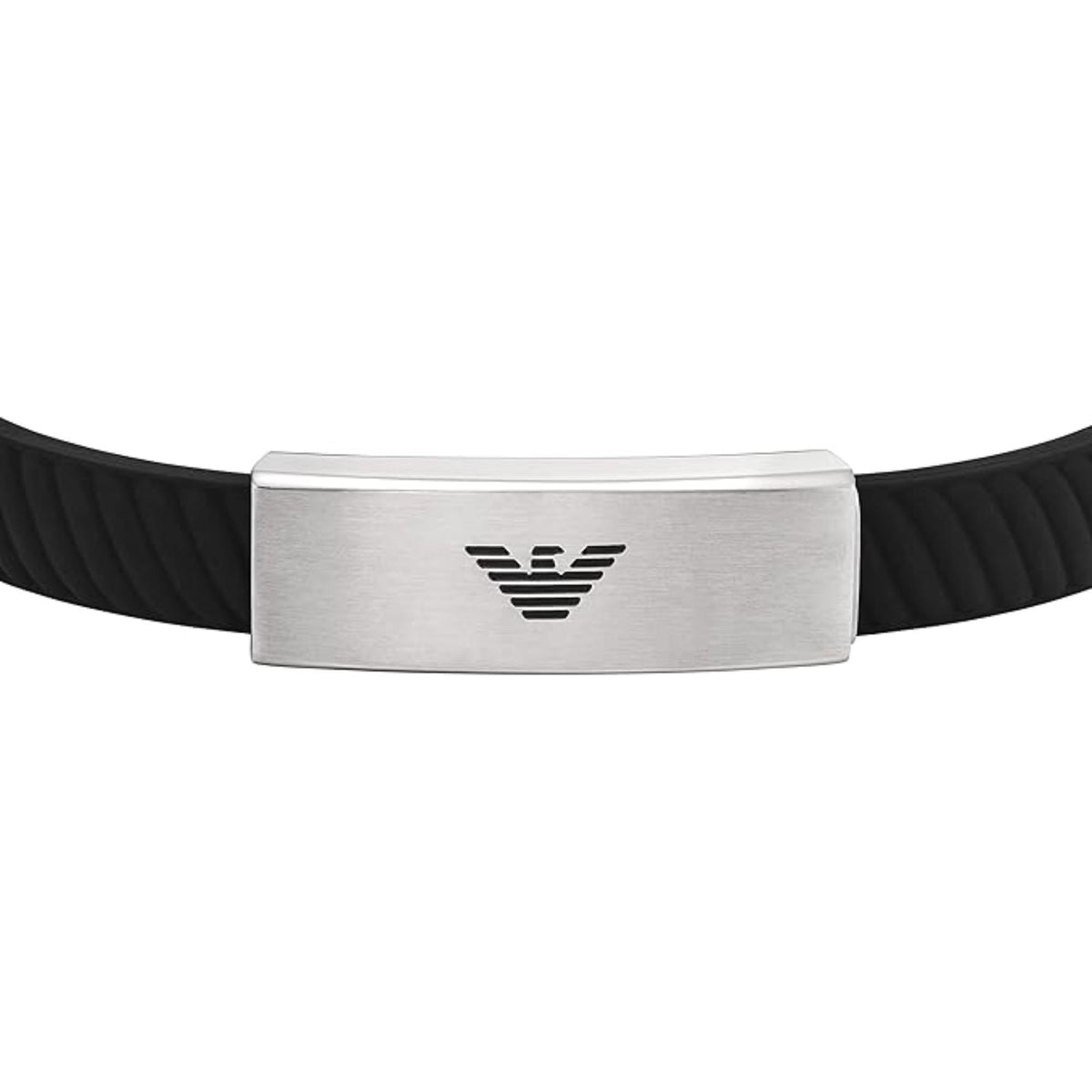 Emporio Armani ID bracelet close-up with engraved logo on brushed steel plate
