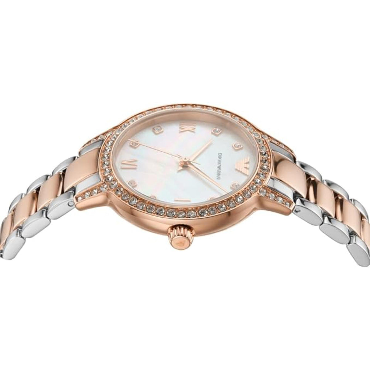 Emporio Armani Cleo watch with white mother-of-pearl dial, Roman numerals, and crystal bezel