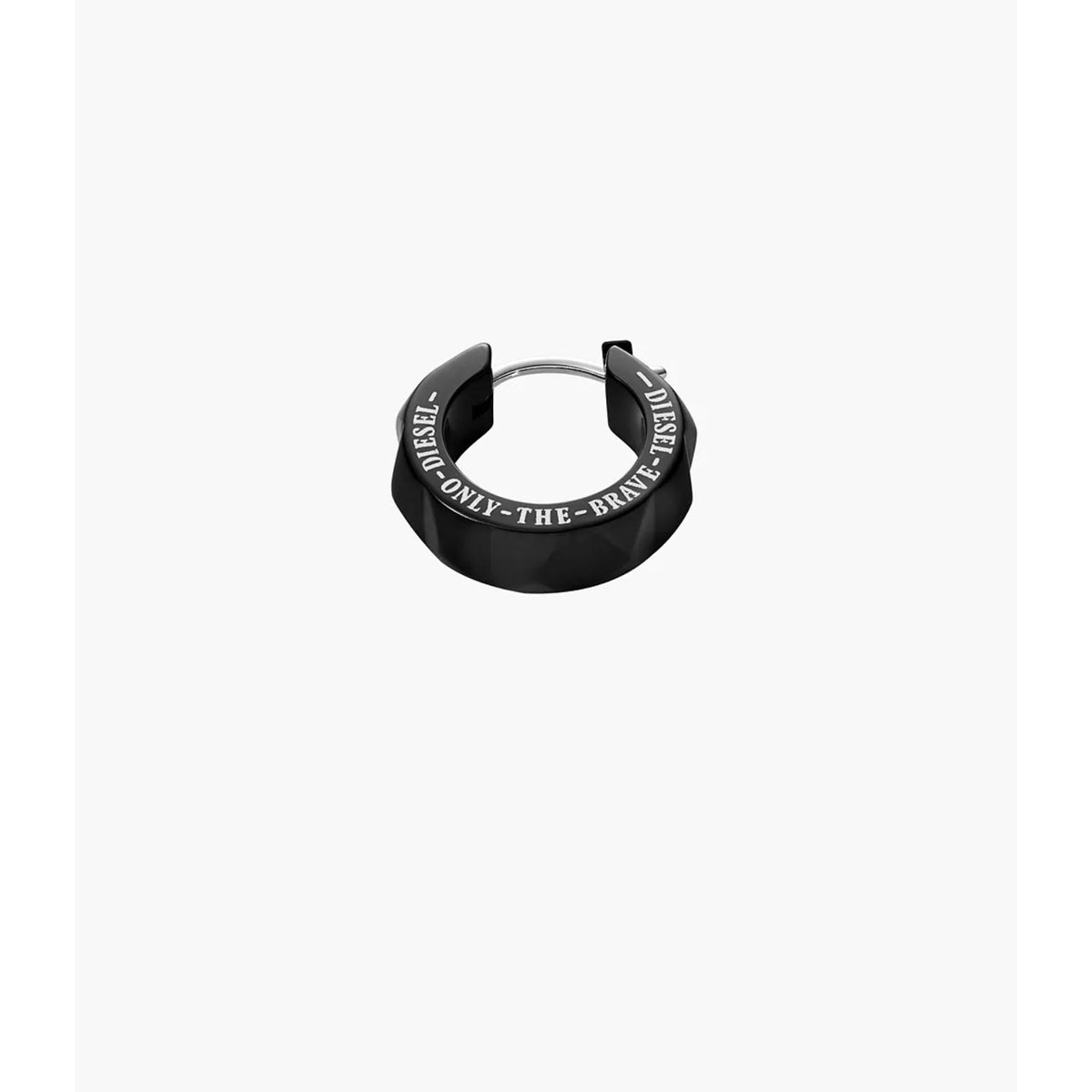 Diesel black studded huggie earring, black hoop with silver clasp and Diesel lettering