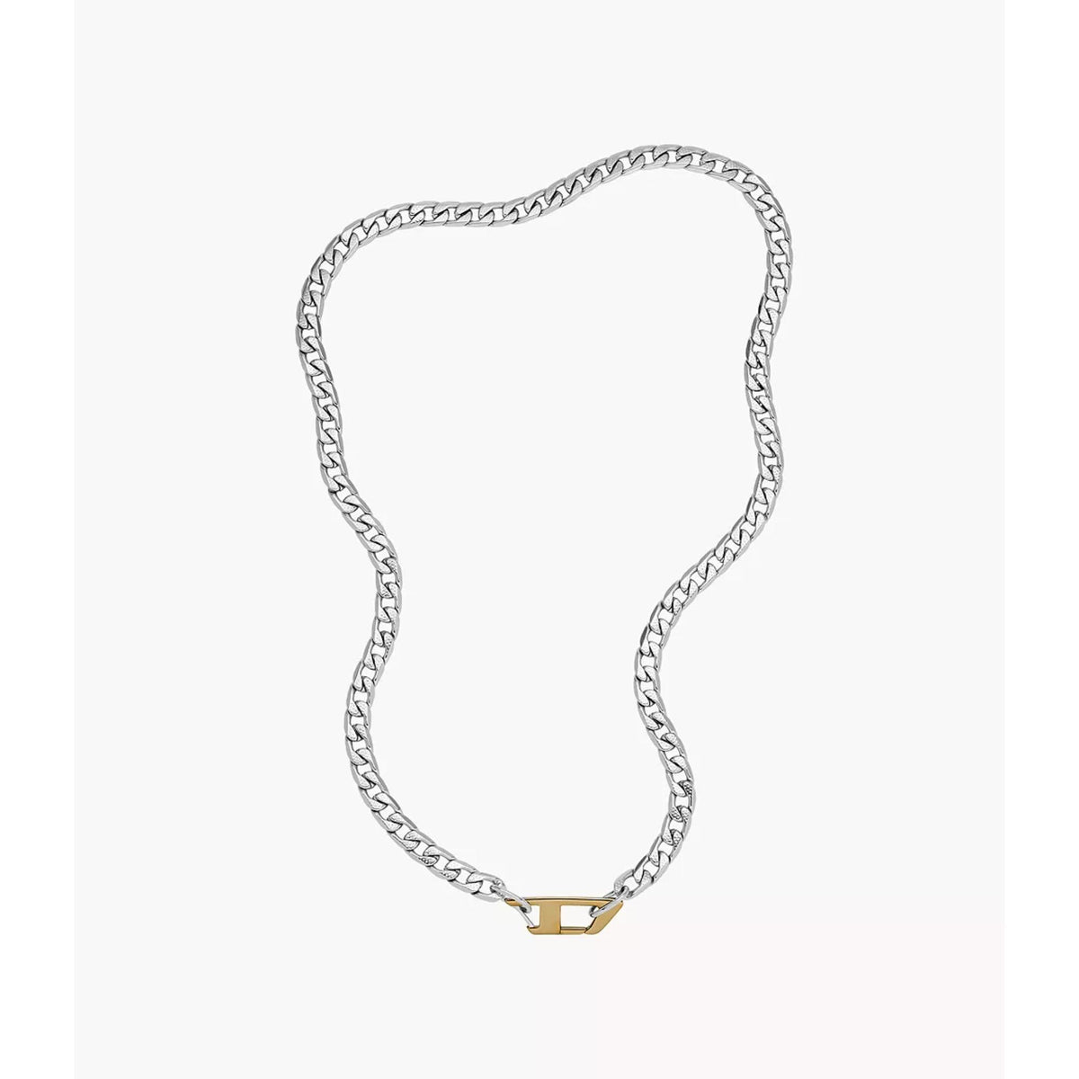 Stainless steel chain necklace with interlocking links and gold clasp bar