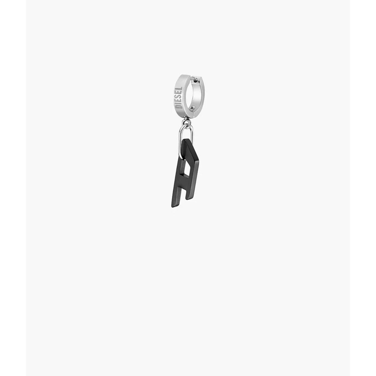 Stainless steel hoop earring with black letter H charm and Diesel logo