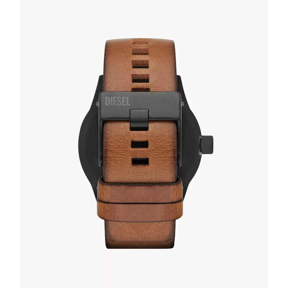Men's quartz watch with dark brown leather strap, black case, grey dial and bar indices