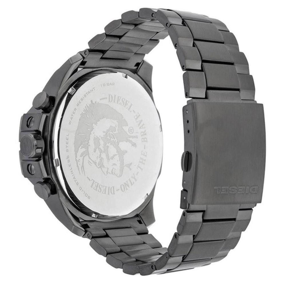 Diesel chronograph watch case back with engraved emblem and steel bracelet, quartz
