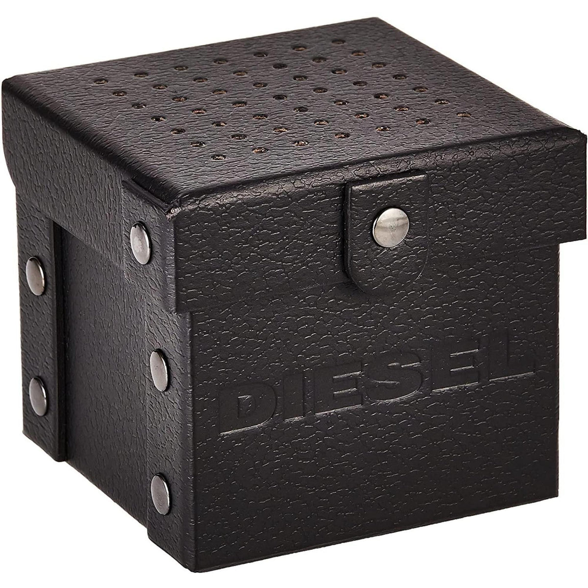 Diesel watch presentation box with textured black finish and logo, snap lid
