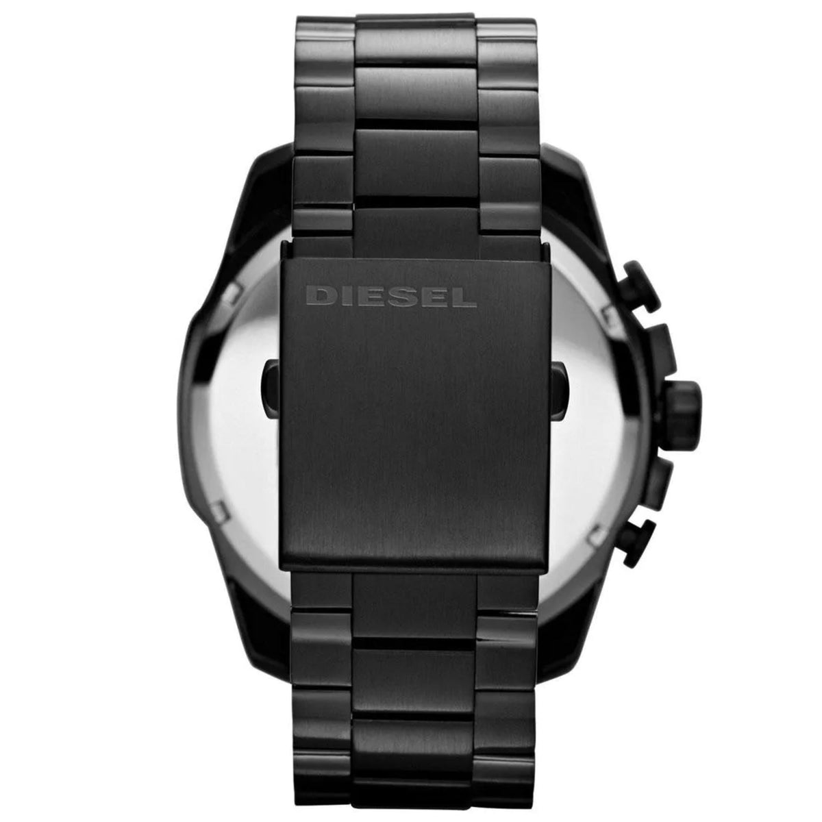 Diesel Mega Chief 51mm chronograph watch with black dial and black steel bracelet.