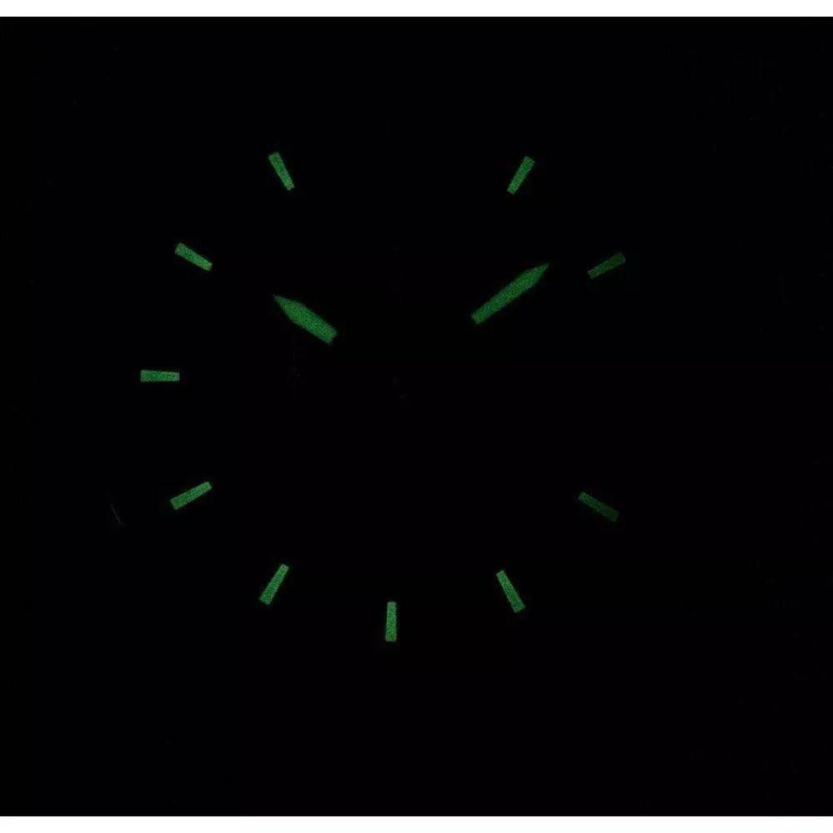 Diesel Mega Chief chronograph watch dial with glowing green lume hands and markers.