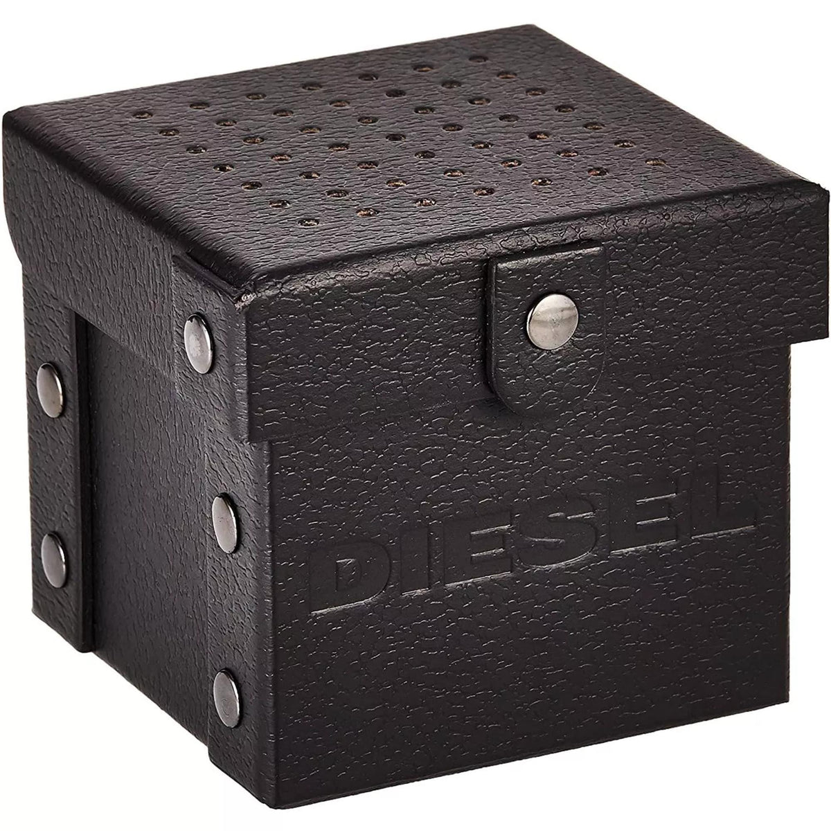 Diesel Mega Chief black watch box with embossed Diesel logo and metal corner studs.