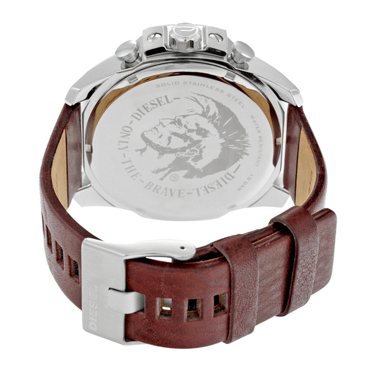Men's watch backplate in stainless steel with brown leather strap, engraved logo