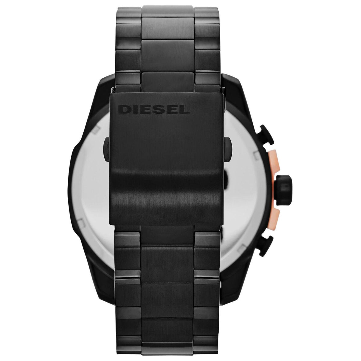 Men's chronograph watch back view with black bracelet and case, side buttons visible