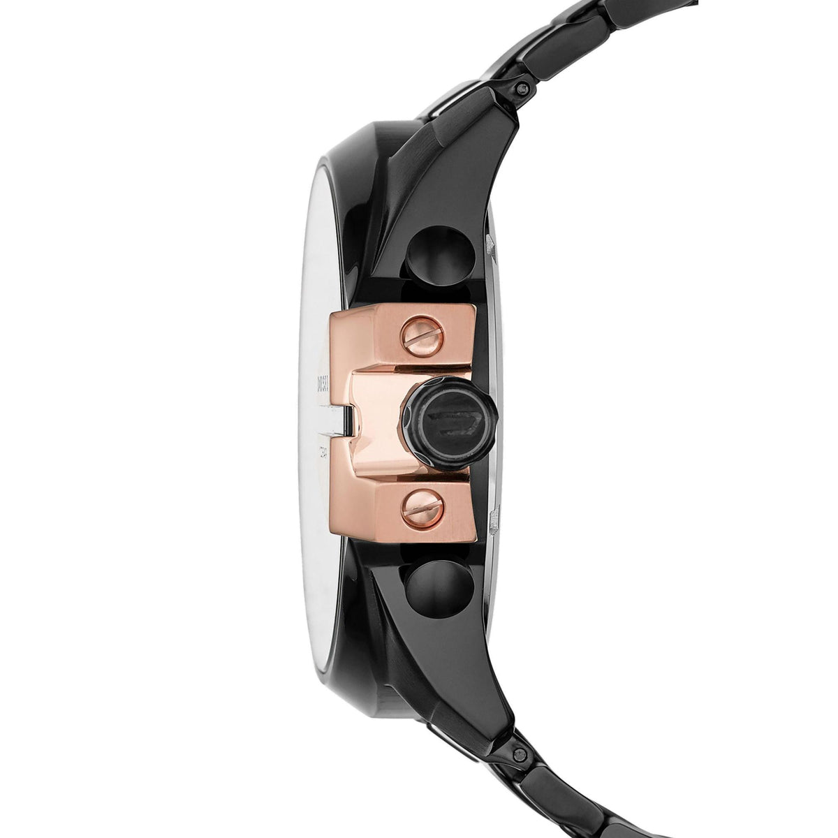 Men's chronograph watch side view with rose-gold crown guards and black case