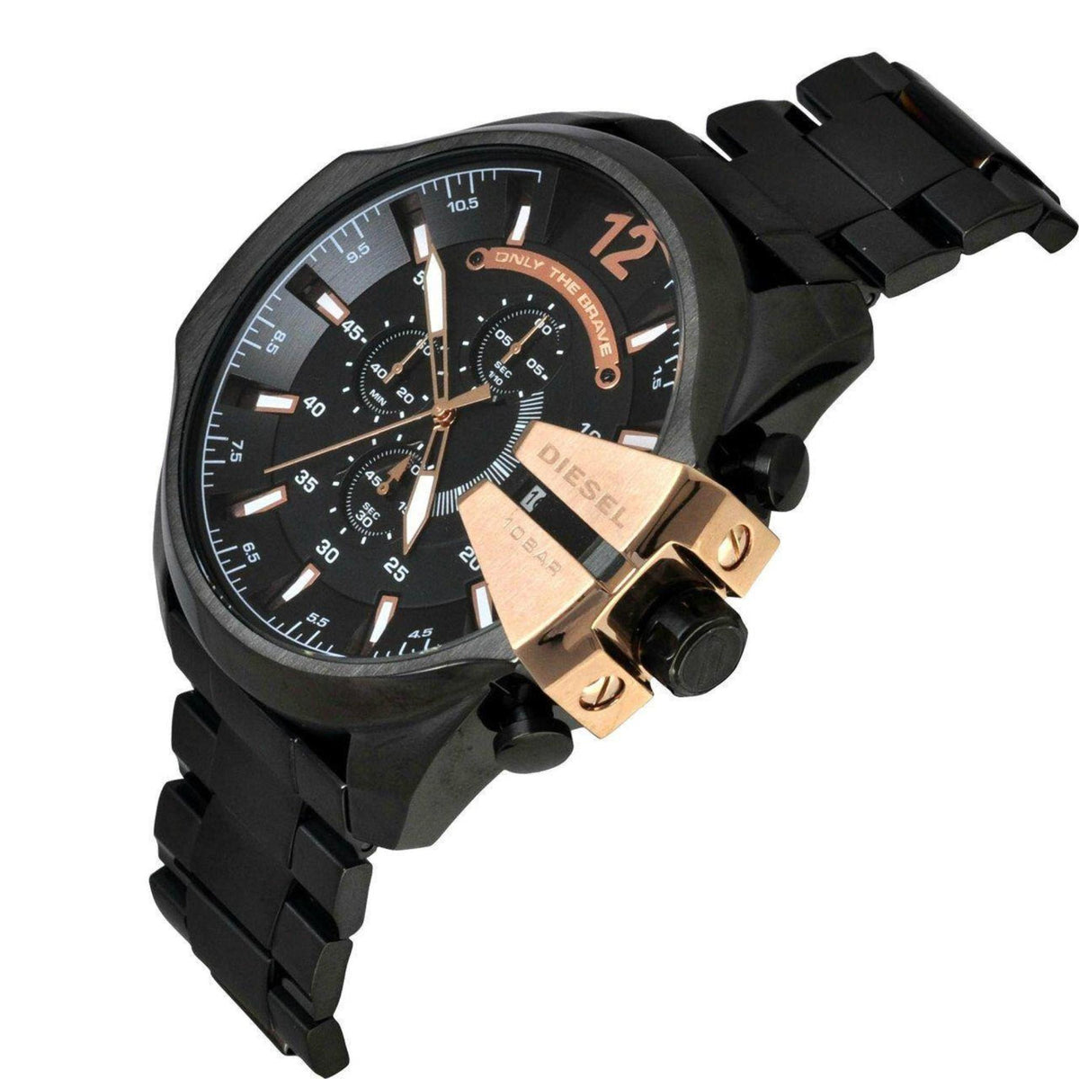 Men's chronograph watch face with black dial, rose-gold hour markers, black bezel