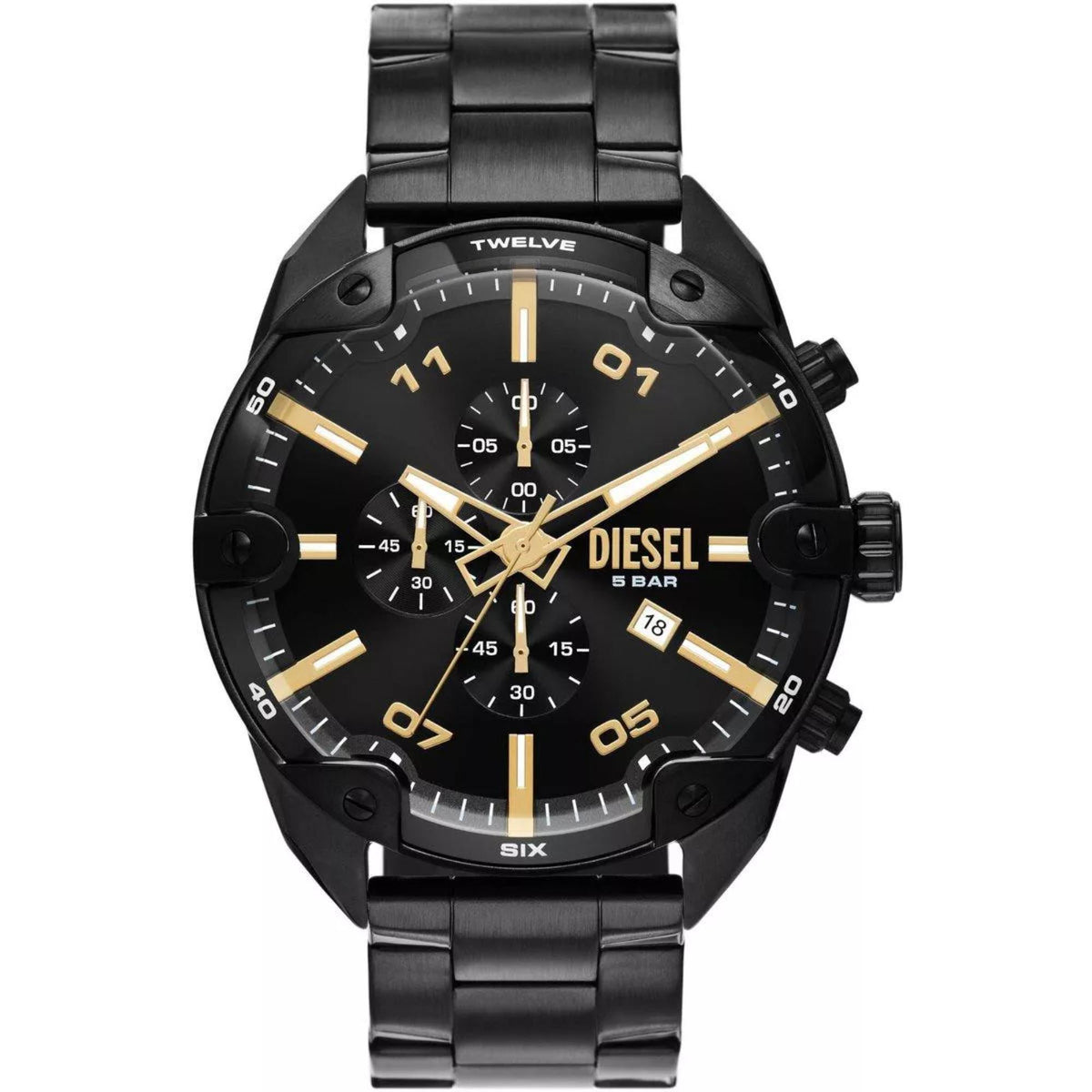 Black chronograph dial Diesel-style mens quartz watch with steel bracelet and gold accents