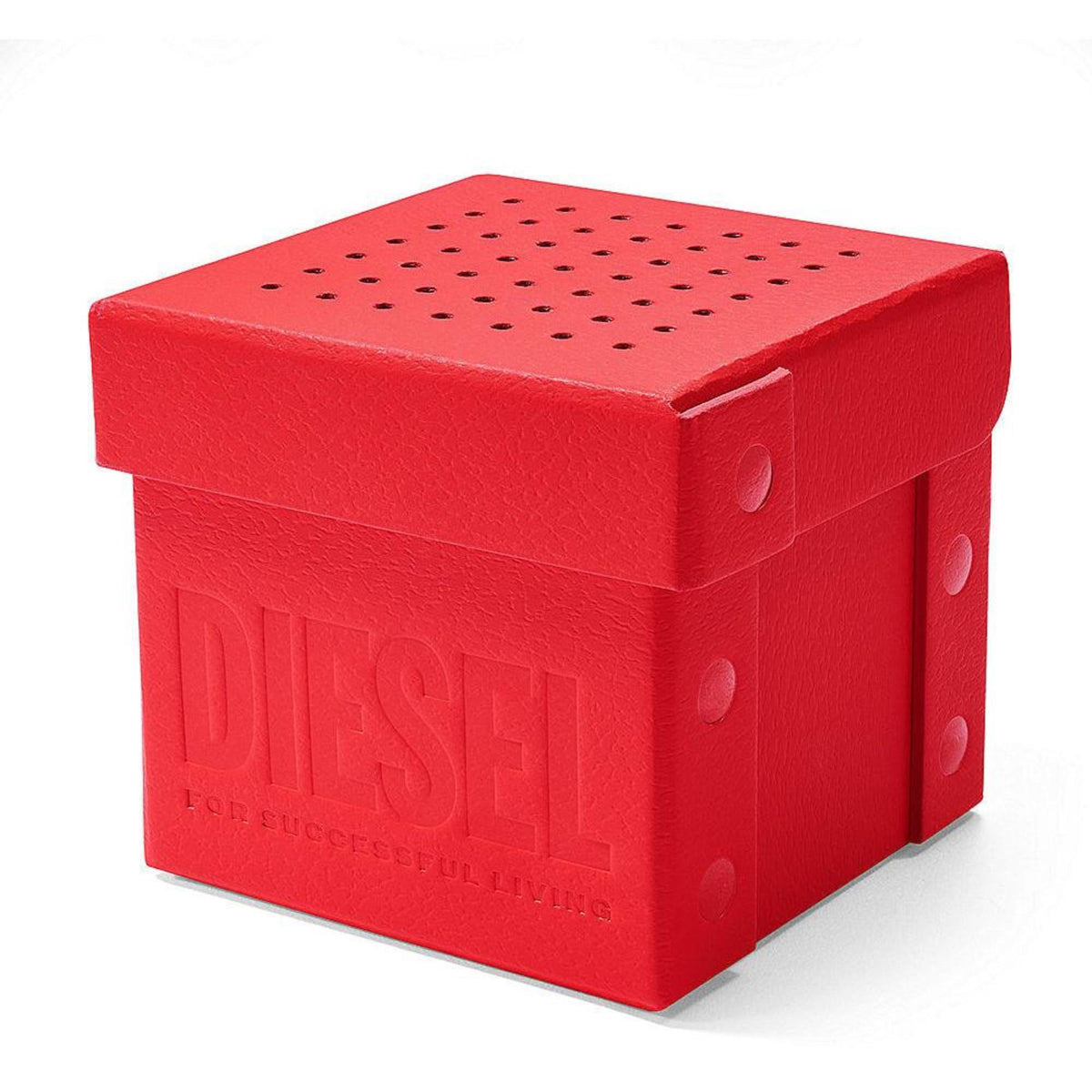Red Diesel watch box with embossed logo and perforated top section