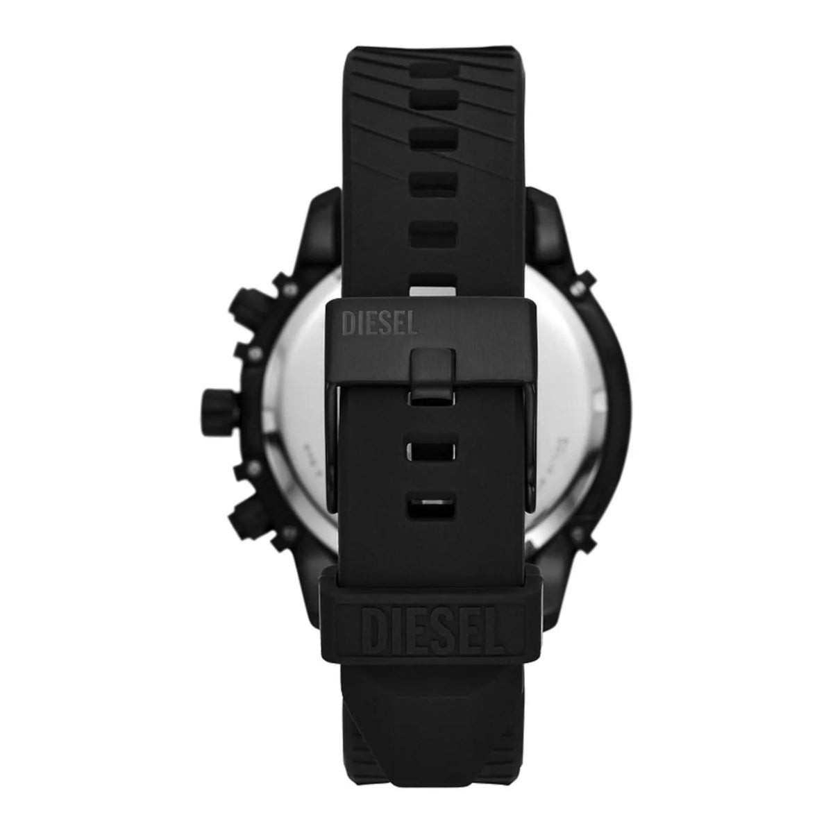 Diesel black chronograph quartz watch from back view, ribbed silicone band
