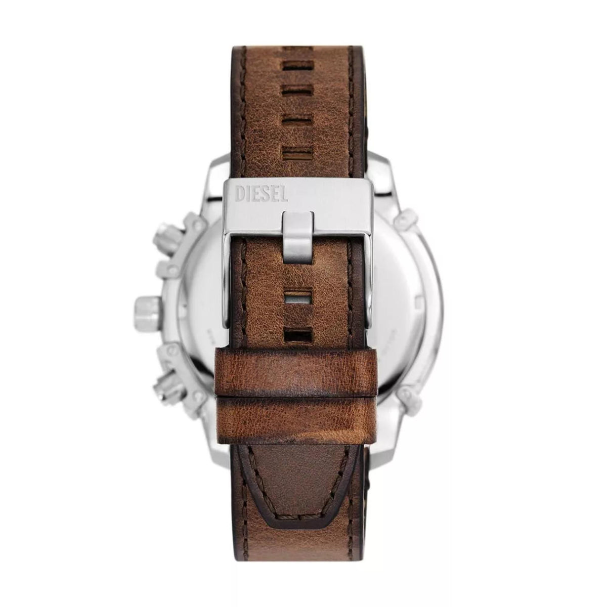 Stainless steel watch case with brown leather strap, rear view