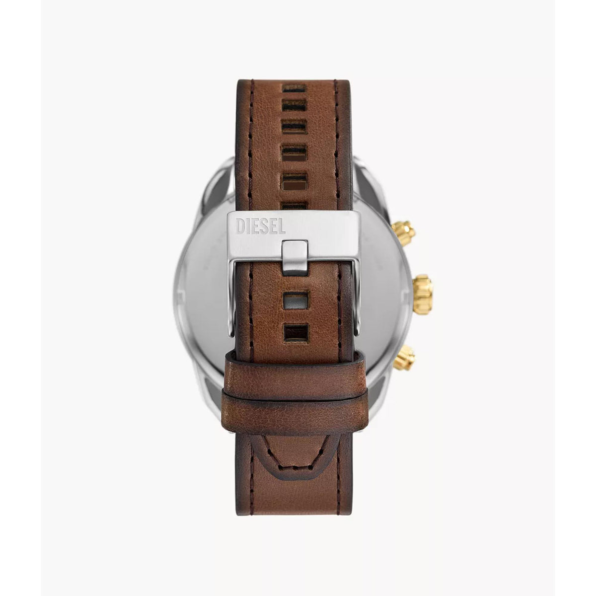 Men's chronograph watch back view with brown leather strap and silver case, gold details
