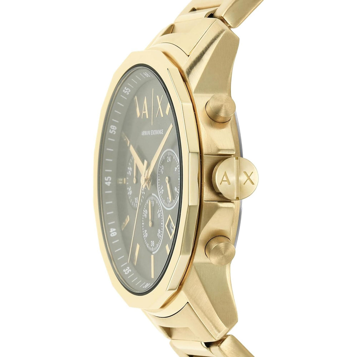Gold-tone chronograph watch with black dial, pushers and steel bracelet