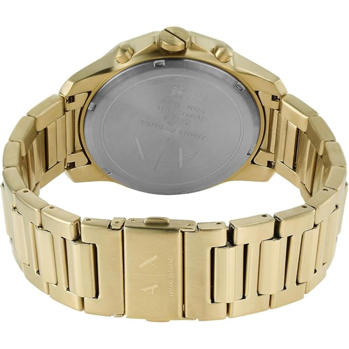 Gold-tone steel chronograph watch caseback with linked bracelet