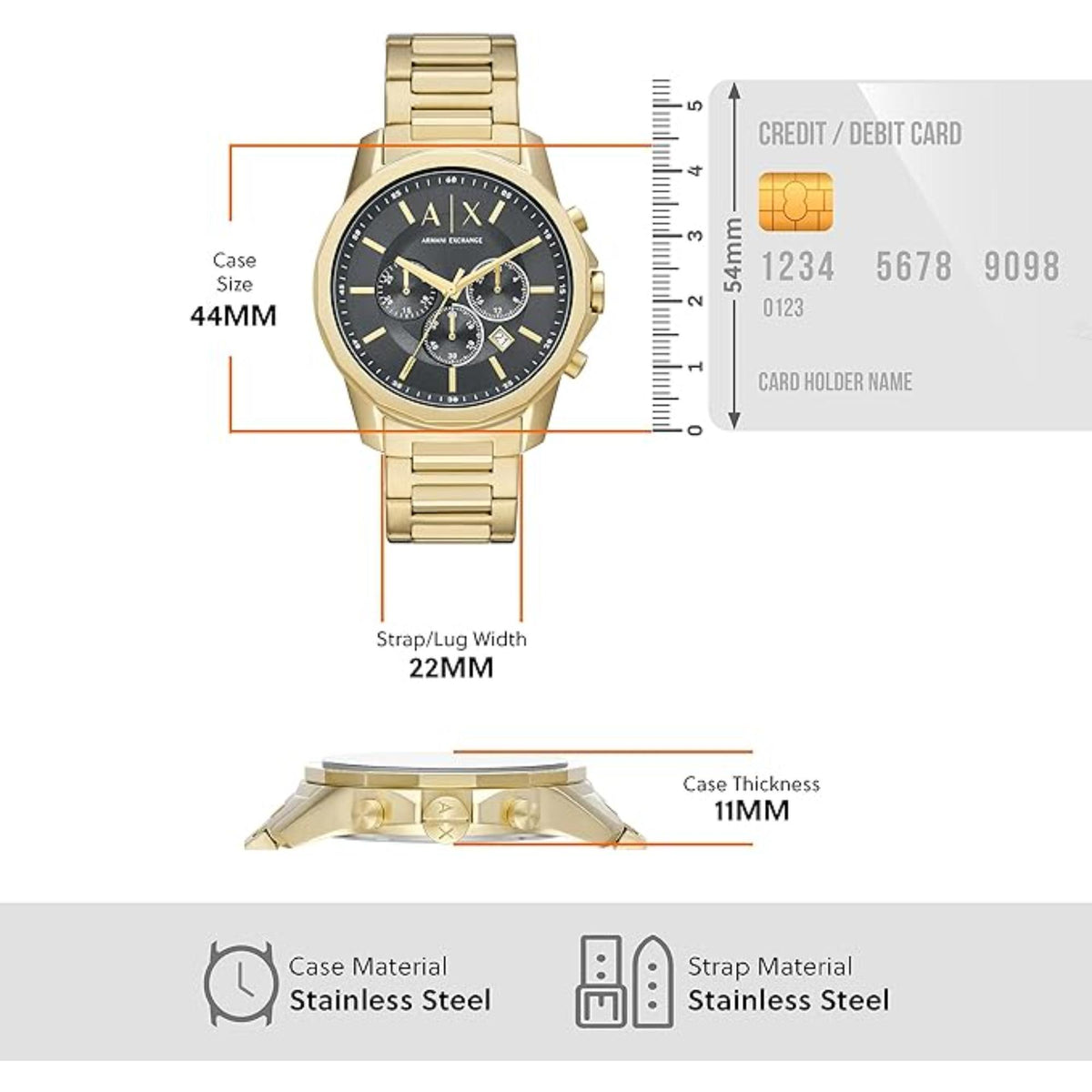 Gold-tone 44mm chronograph watch, stainless steel case and 22mm strap width