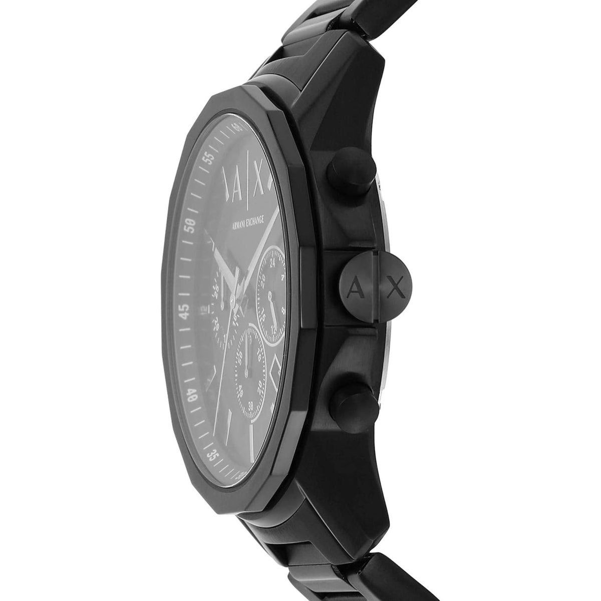 Armani Exchange chronograph watch with black dial and three subdials, black steel case