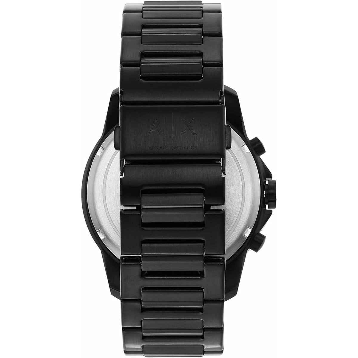 Armani Exchange chronograph watch with black metal bracelet and round black dial case