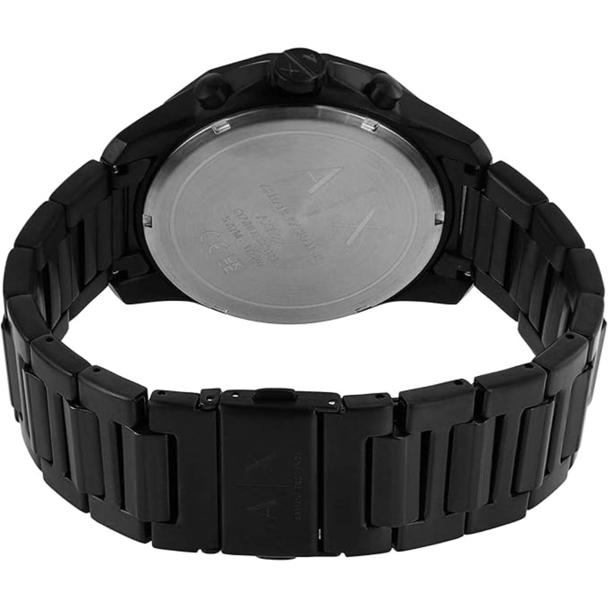 Armani Exchange chronograph watch back with black metal bracelet and engraved case