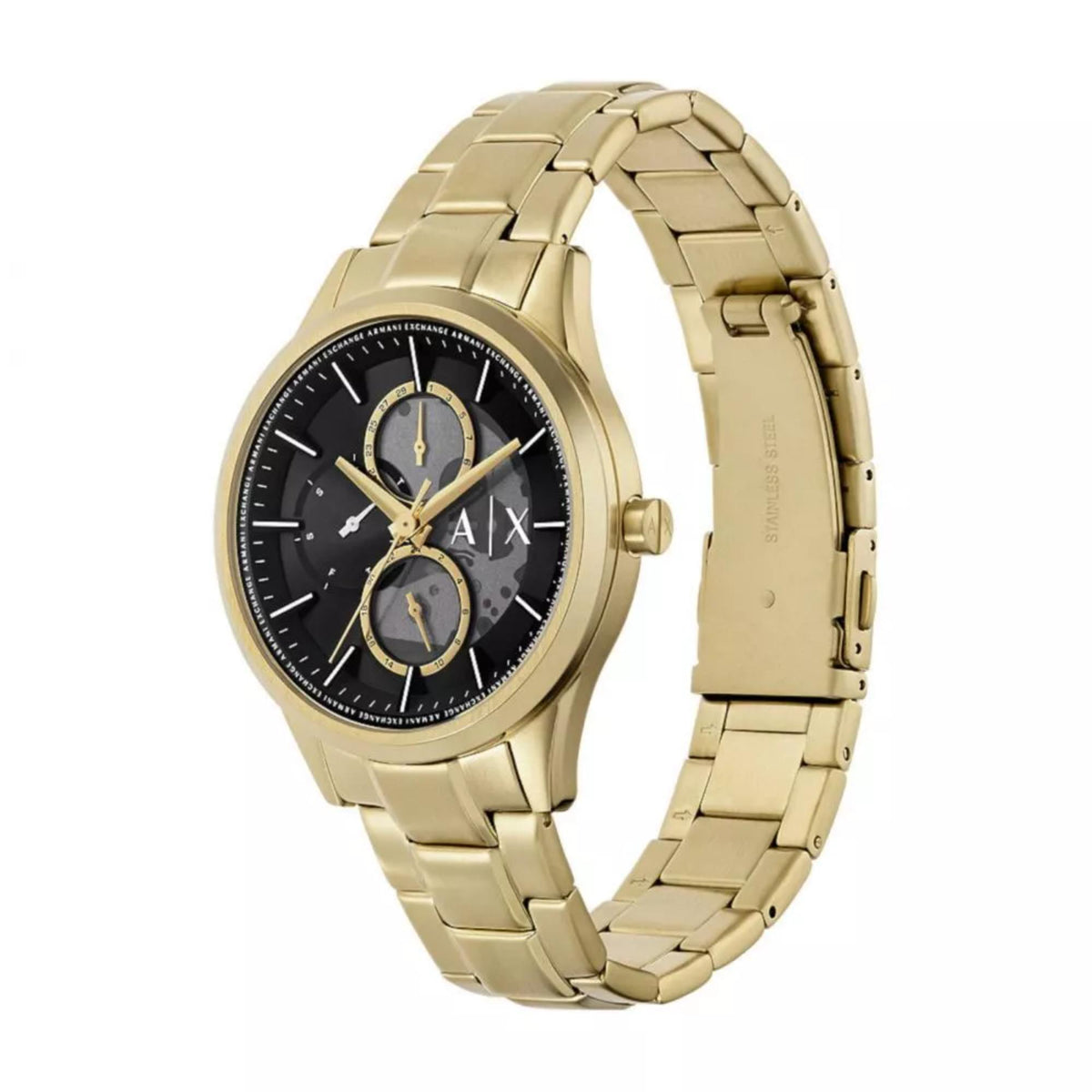 Gold-tone steel chronograph watch with black dial and sub-dials, side view