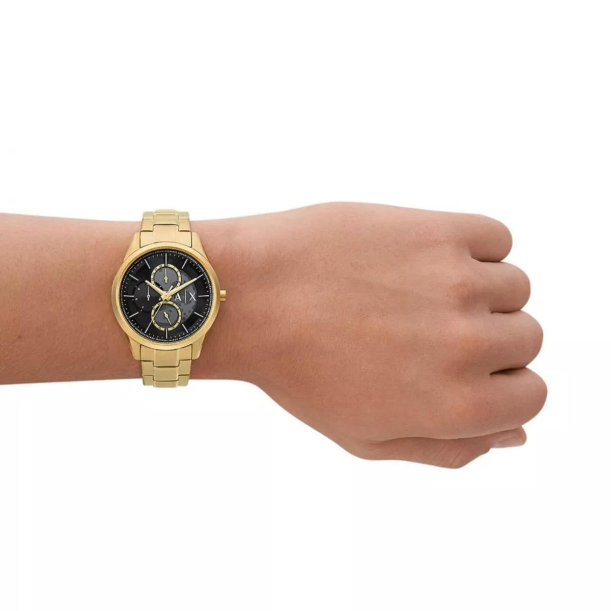 Men's wristwatch in gold-tone steel with black dial and chronograph sub-dials