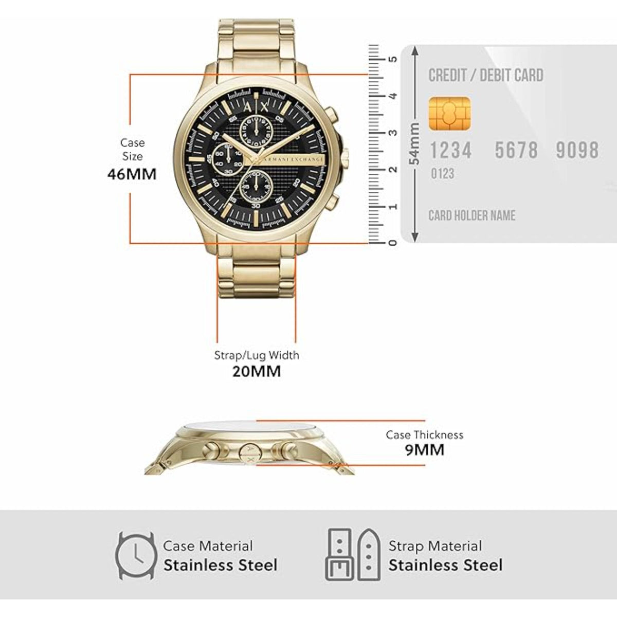 Armani Exchange Hampton AX2137 dimension diagram showcasing 46mm case size and lug width