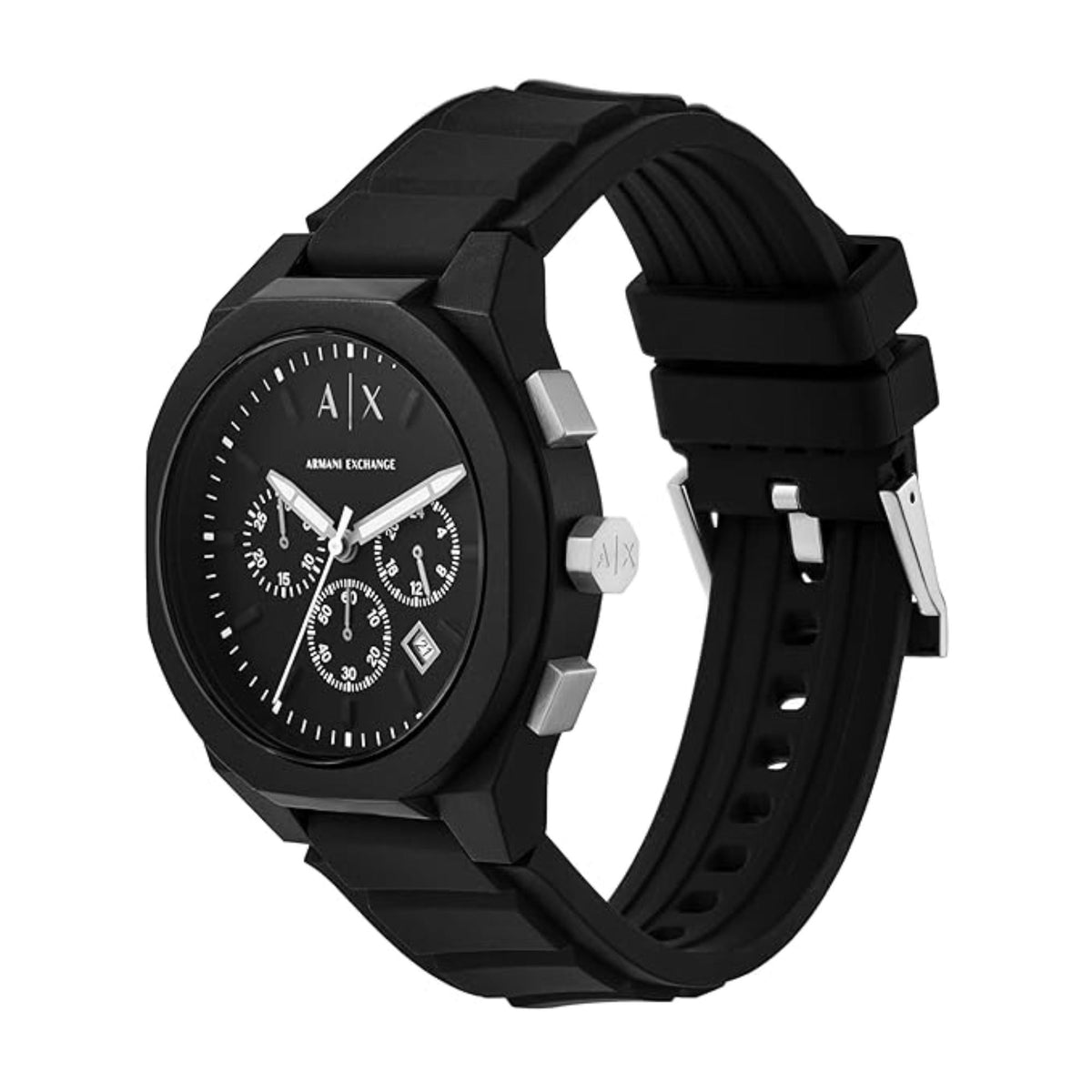 Armani Exchange Rafael AX4161 three-quarter view displaying octagonal case profile and flexible silicone strap