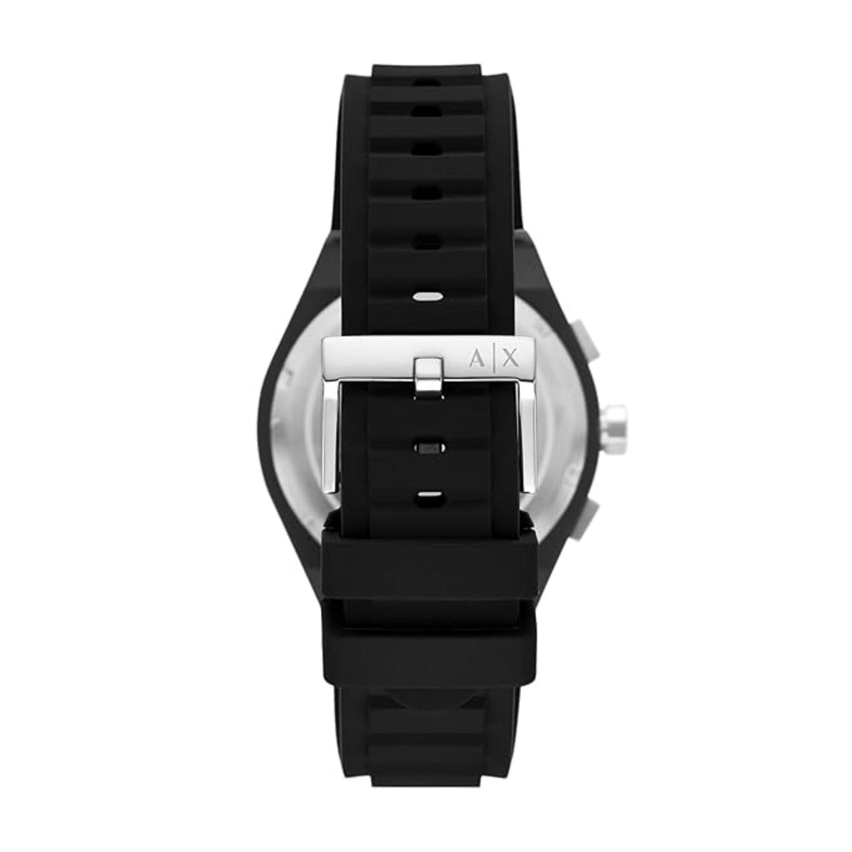 Armani Exchange Rafael AX4161 back view showing silicone strap buckle engraved with brand logo