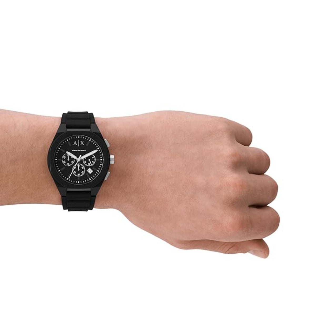 Armani Exchange Rafael AX4161 lifestyle wrist shot featuring mens black dial watch with a silicone strap