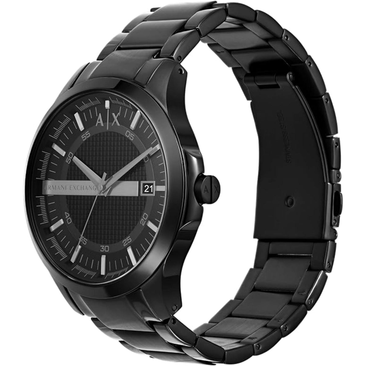 Armani Exchange Hampton AX7101 angled perspective showing black dial textured detail with steel bracelet