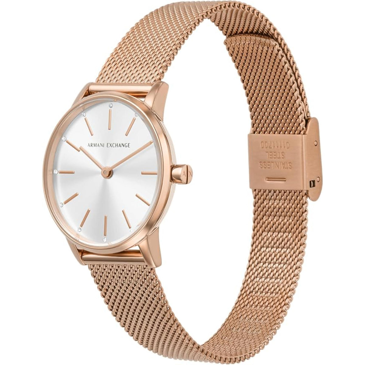 Rose-gold mesh wristwatch with silver dial and crown at 3 o'clock