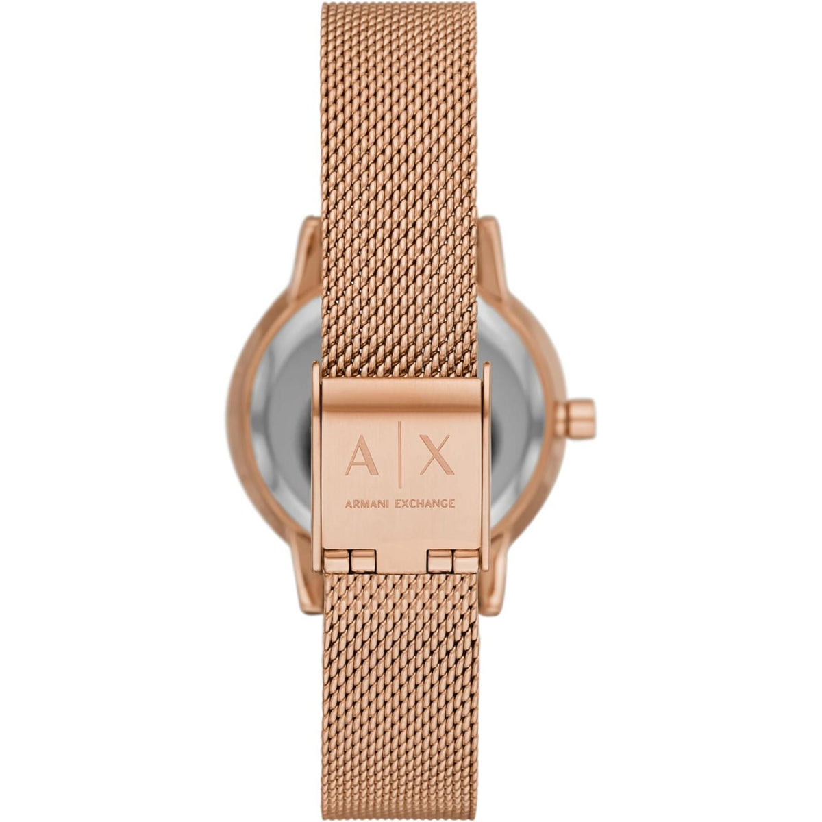Rose-gold mesh watch with silver dial, gold A|X logo, and strap detail