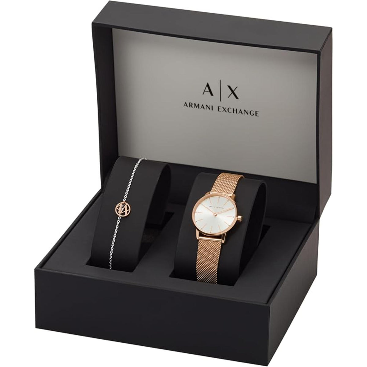 Armani Exchange gift box with rose-gold mesh watch and silver chain display