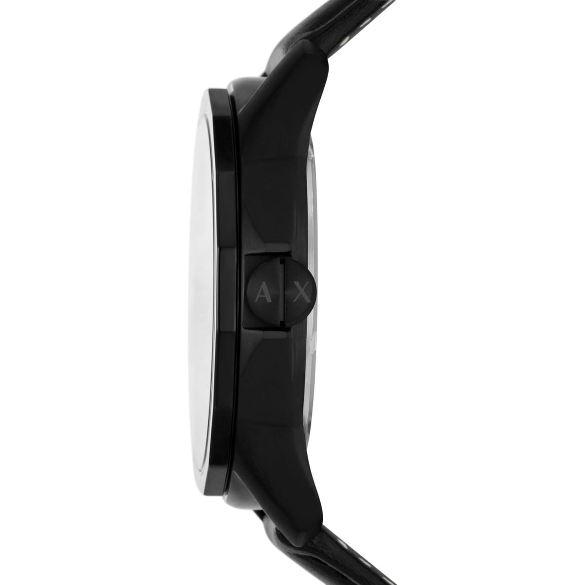 Black and silver side view of quartz watch case with black leather strap