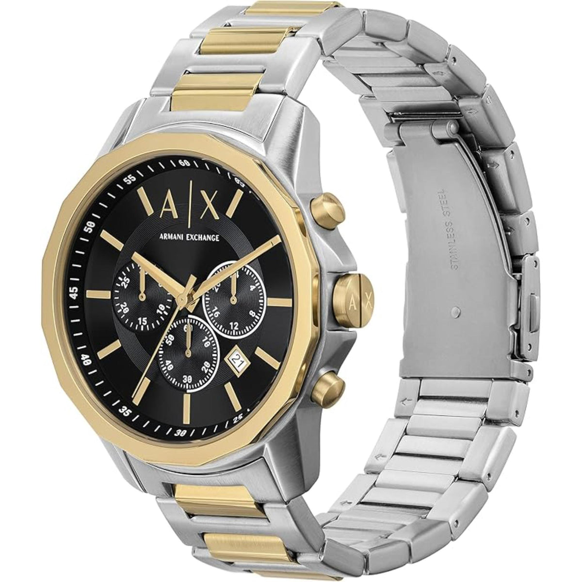 Armani Exchange Banks AX7148SET angled perspective showing black dial chronograph sub-dials with steel bracelet