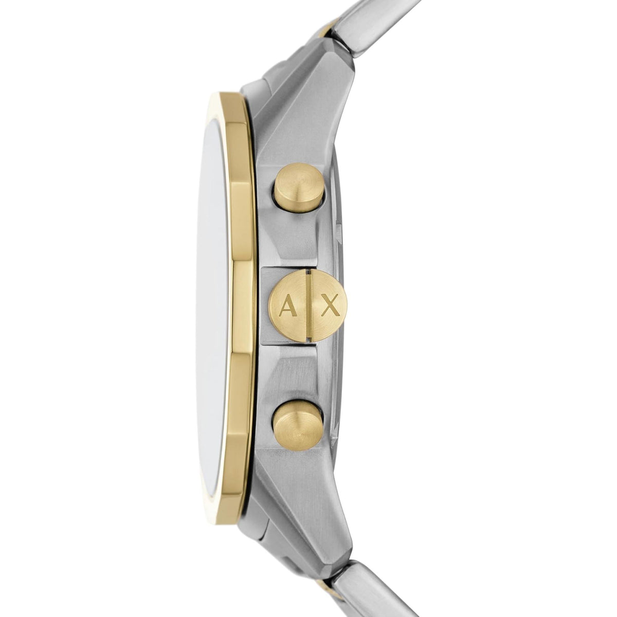 Armani Exchange Banks AX7148SET side profile view highlighting steel case depth and signed crown