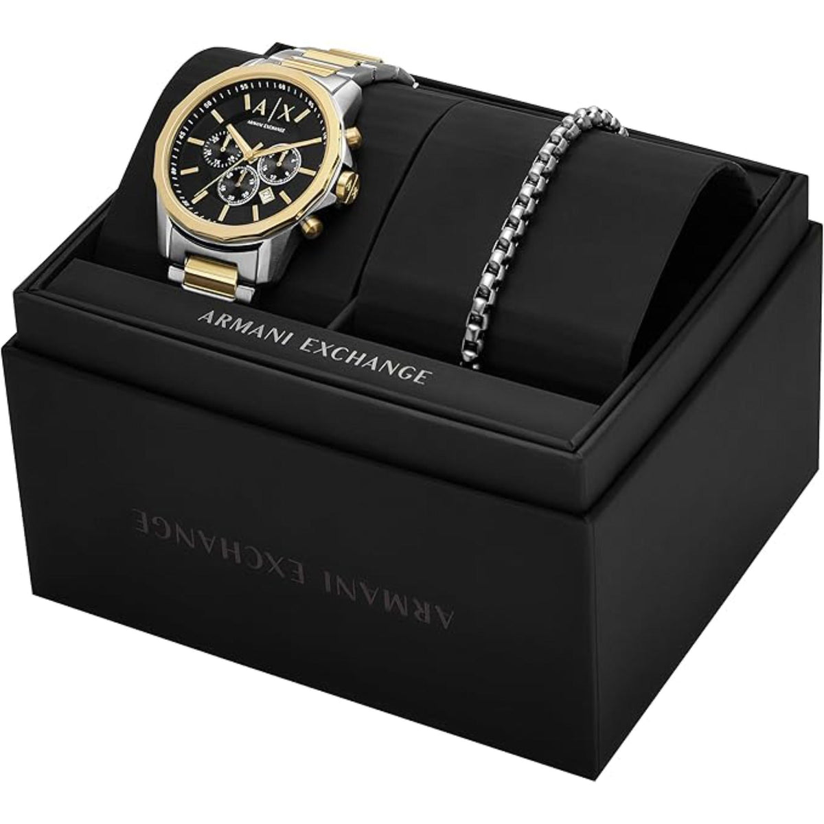 Armani Exchange Banks AX7148SET presentation box displaying a black dial watch with a matching steel bracelet set