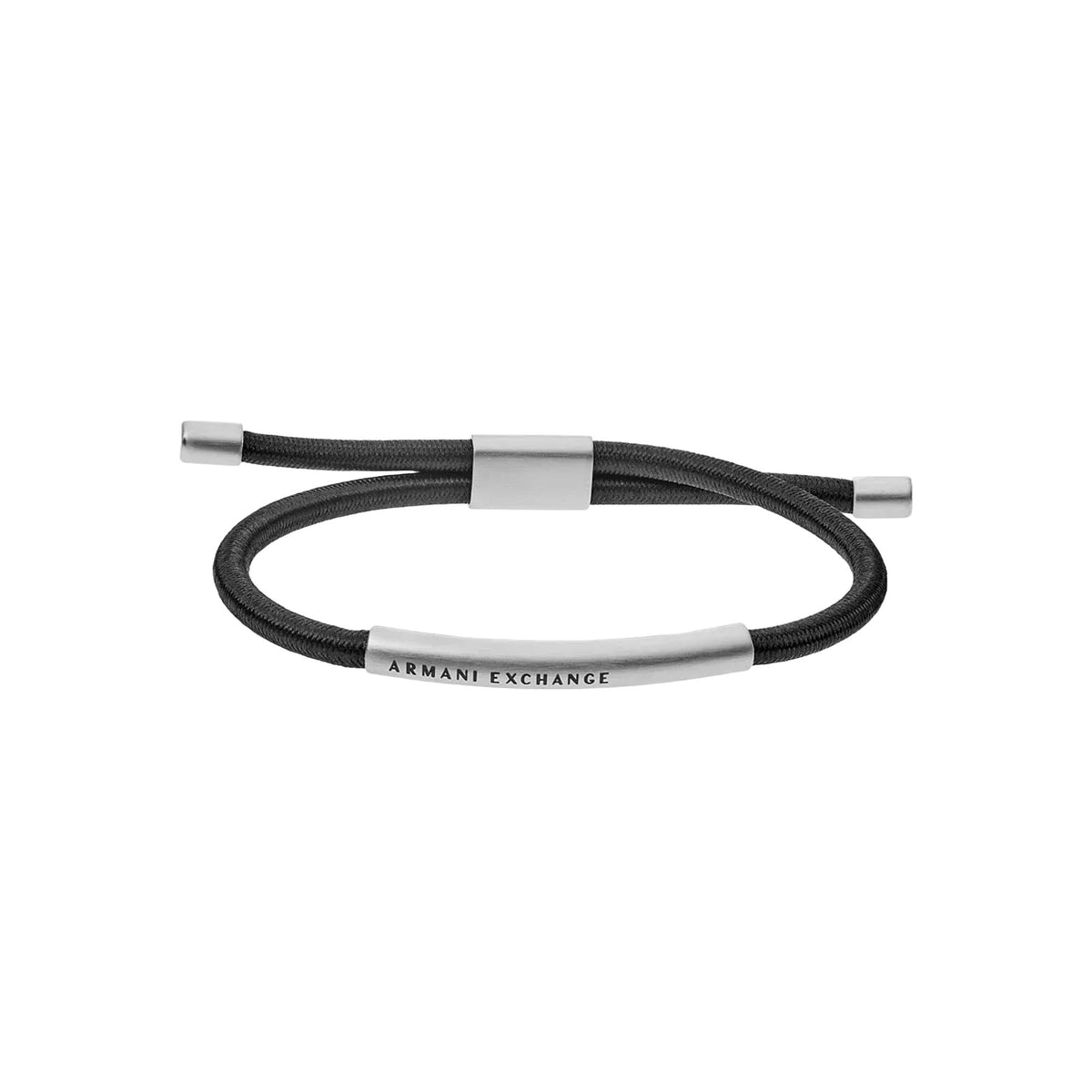 Armani Exchange men’s black fabric bracelet with silver ID bar and end caps
